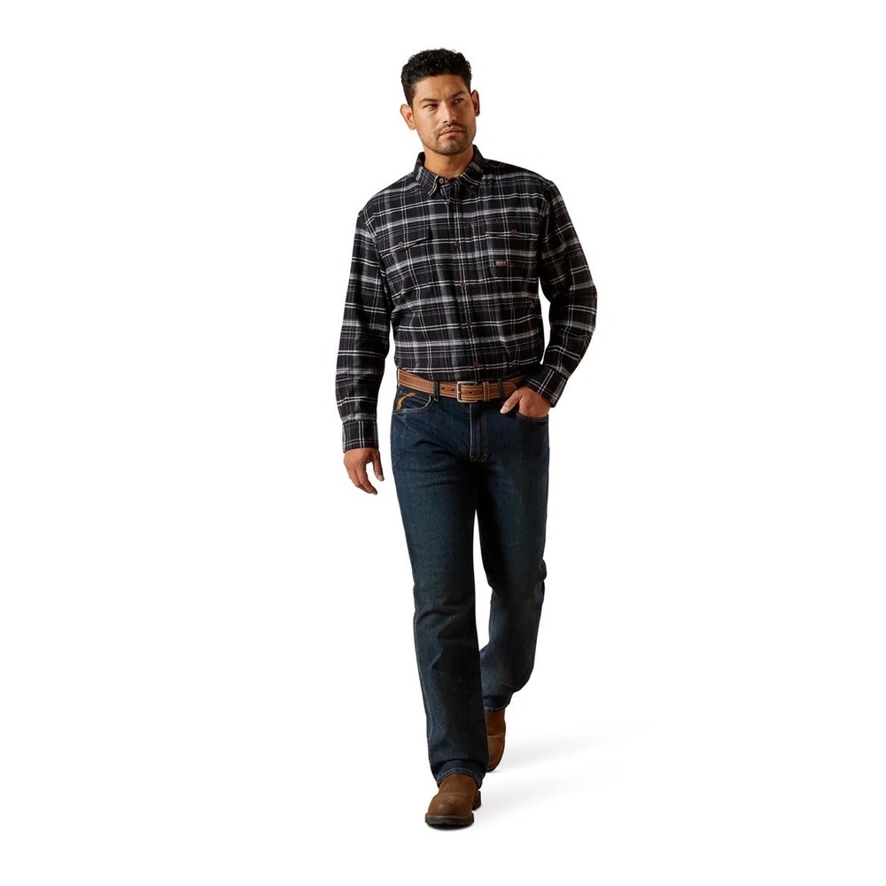 Ariat Men L Rebar Black Flannel DuraStretch Work Shirt Long Sleeve Button Up New